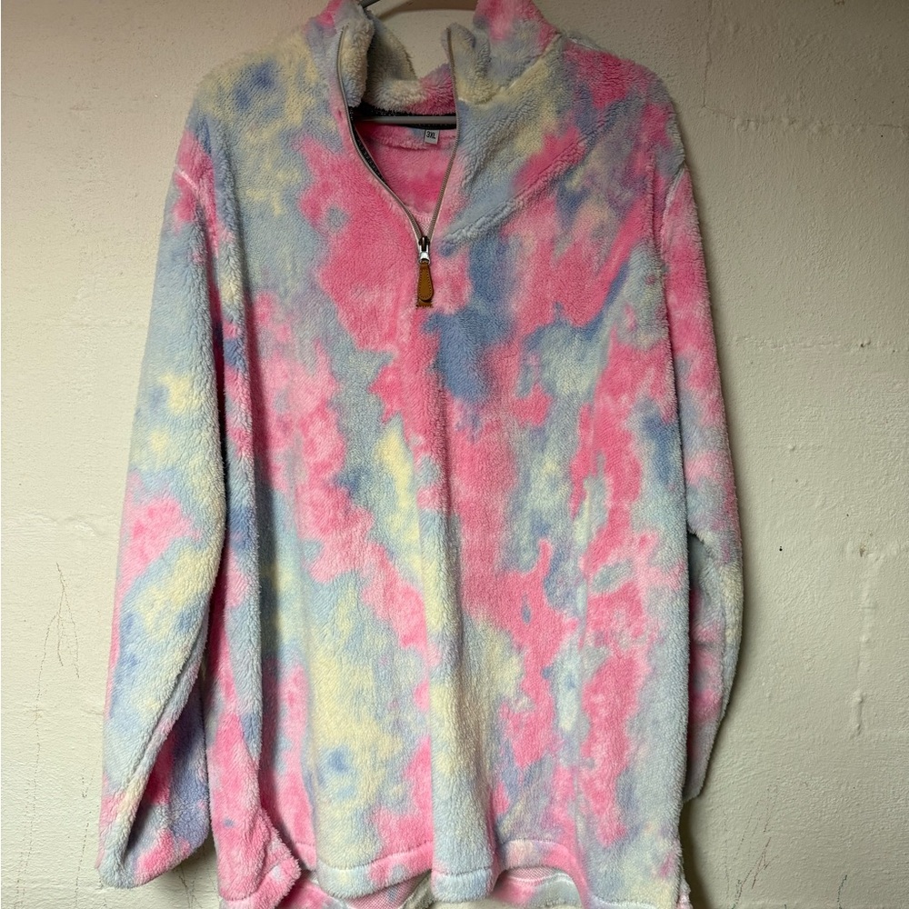 Plush Pink and Blue Tie-Dye Hoodie with High Collar